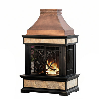 Outdoor Fireplace, Smith Collection Patio Wood Burning Steel Fireplace with Chimney, Spark Screen, Fire Poker, and Removable Grate, Copper with Yellow Tile