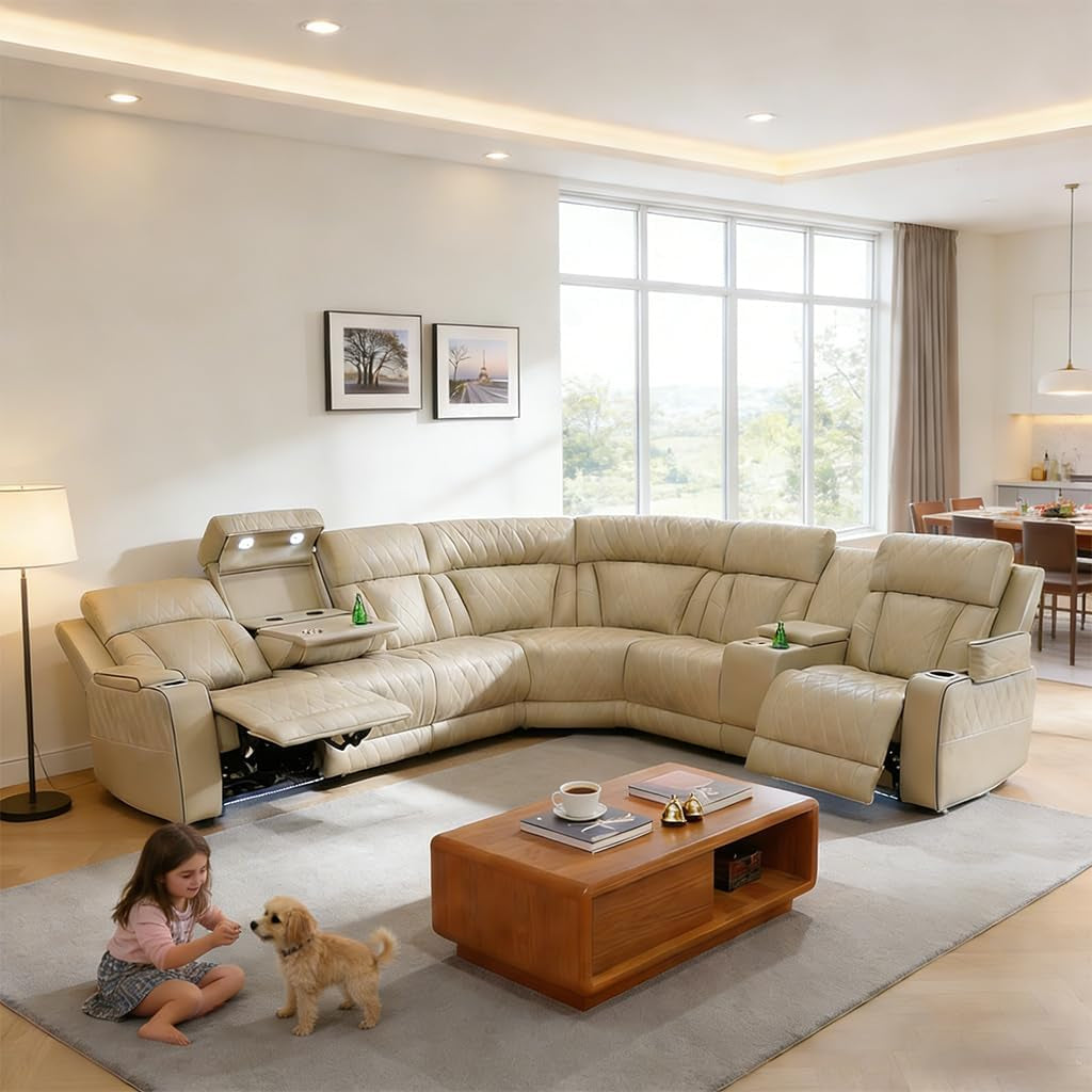 Breathing Leather Reclining Sofa Set,Power Recliner Sectional Couch with LED Light,Modern Living Room Furniture Set,Reclining Sectional Couch Set with USB Port/Storage for Home/Home Theater