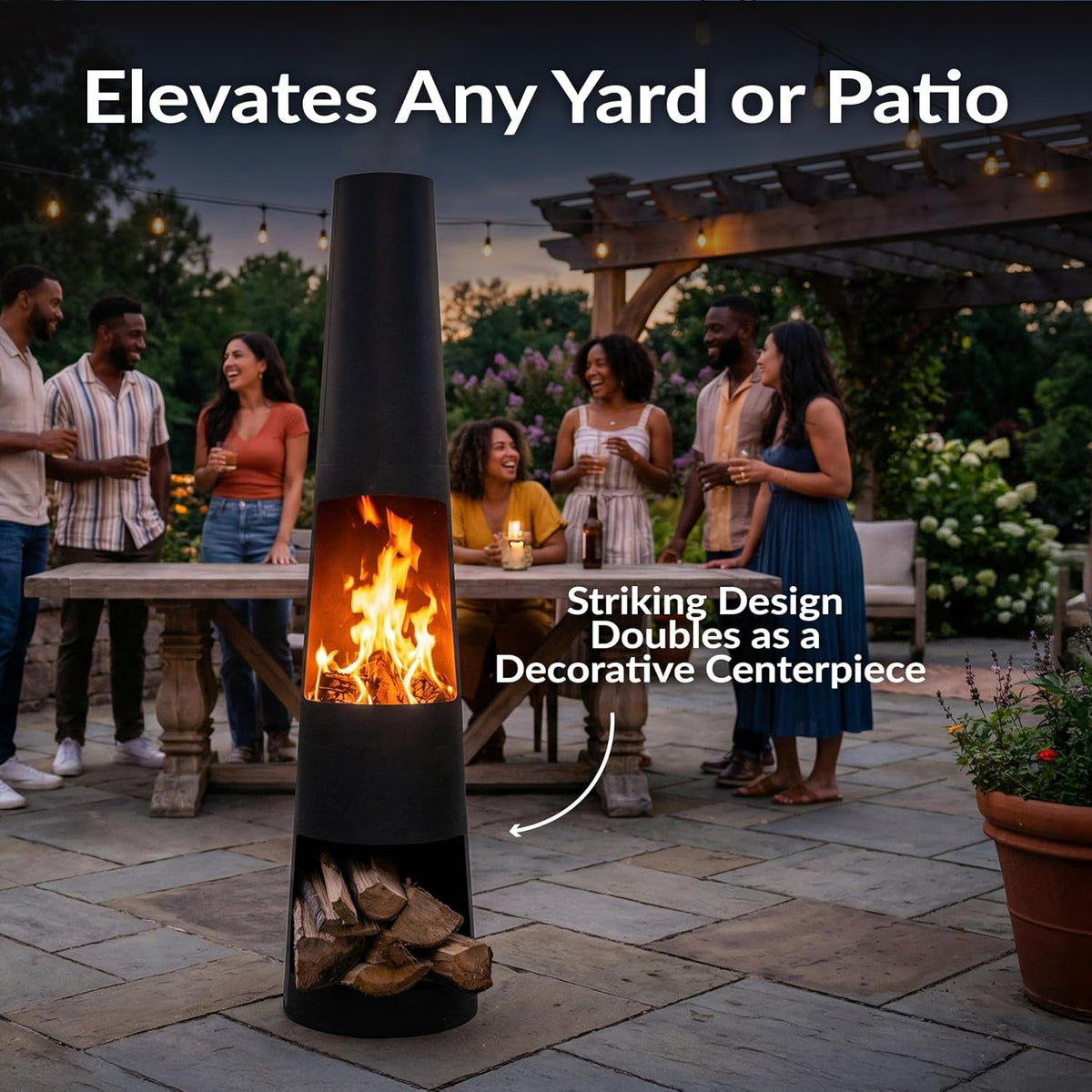Sunnydaze 59" Large Metal Outdoor Chiminea Fire Pit with Built-In Log Rack
