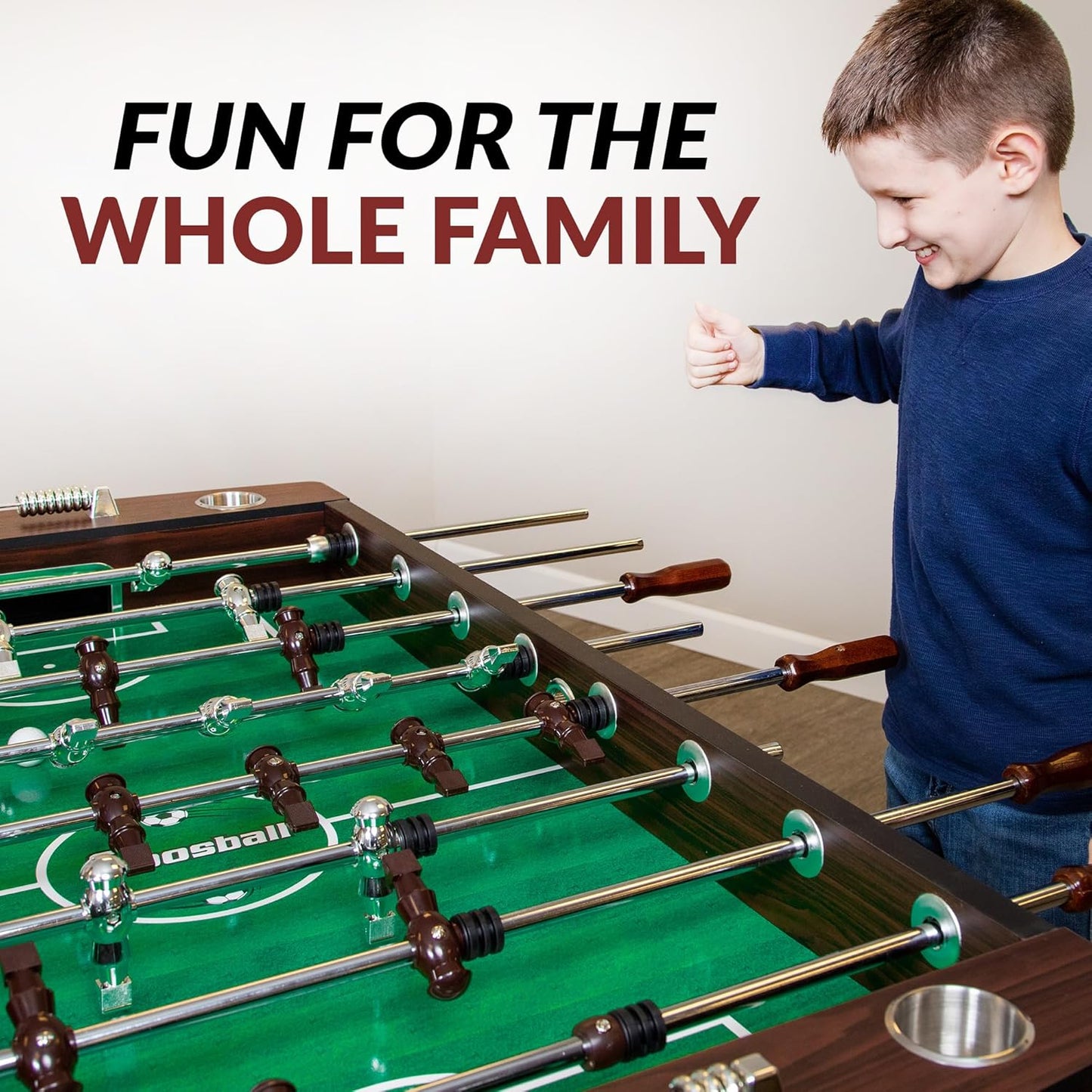 Hathaway Primo 56-In Foosball Table for Family Game Room - with Counterbalanced Players, E-Z Spin Bearings, Analog Scoring Units, Easy-Grip Handles & Adjustable Leg Levelers - Wood Grain Finish