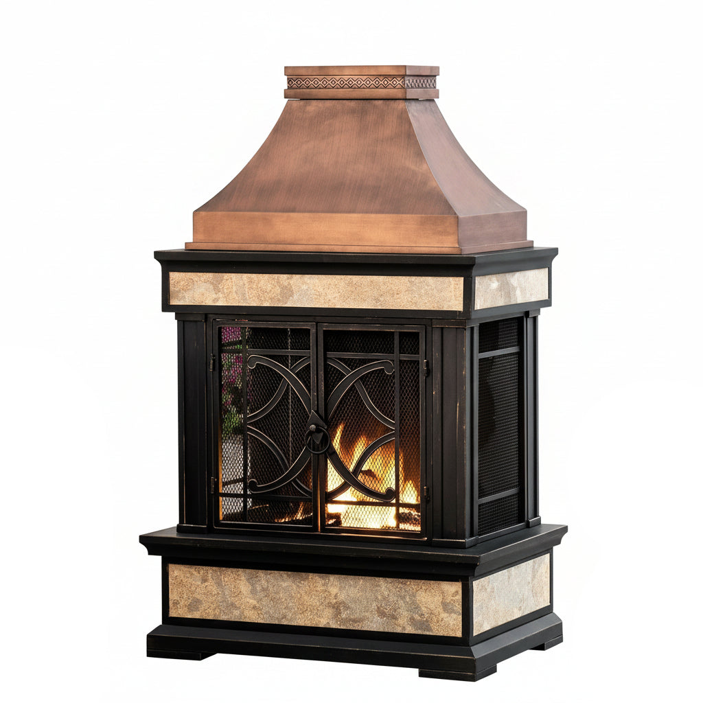 Outdoor Fireplace, Smith Collection Patio Wood Burning Steel Fireplace with Chimney, Spark Screen, Fire Poker, and Removable Grate, Copper with Yellow Tile
