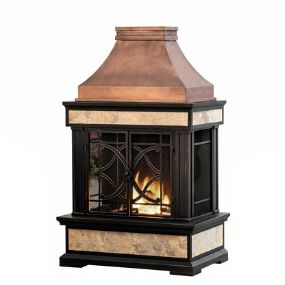 Outdoor Fireplace, Smith Collection Patio Wood Burning Steel Fireplace with Chimney, Spark Screen, Fire Poker, and Removable Grate, Copper with Yellow Tile