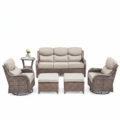 6 Pieces Outdoor Patio Furniture Set with Swivel Rocker Chairs and 6" Thick Cushions,Wicker Conversation Set with Sectional Sofa Coffee Table for Porch Deck Backyard Poolside