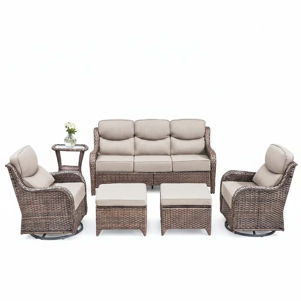 6 Pieces Outdoor Patio Furniture Set with Swivel Rocker Chairs and 6" Thick Cushions,Wicker Conversation Set with Sectional Sofa Coffee Table for Porch Deck Backyard Poolside