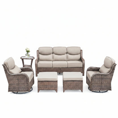 6 Pieces Outdoor Patio Furniture Set with Swivel Rocker Chairs and 6" Thick Cushions,Wicker Conversation Set with Sectional Sofa Coffee Table for Porch Deck Backyard Poolside