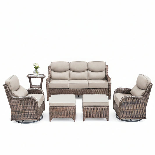 6 Pieces Outdoor Patio Furniture Set with Swivel Rocker Chairs and 6" Thick Cushions,Wicker Conversation Set with Sectional Sofa Coffee Table for Porch Deck Backyard Poolside