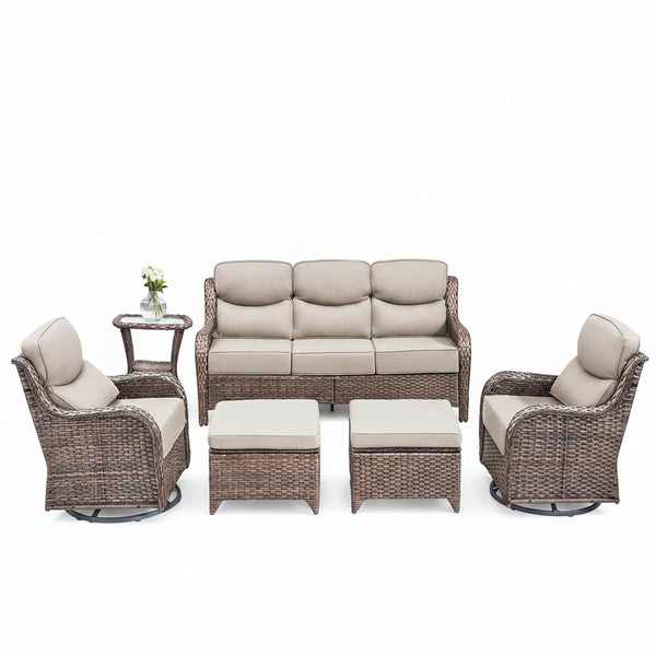 6 Pieces Outdoor Patio Furniture Set with Swivel Rocker Chairs and 6" Thick Cushions,Wicker Conversation Set with Sectional Sofa Coffee Table for Porch Deck Backyard Poolside