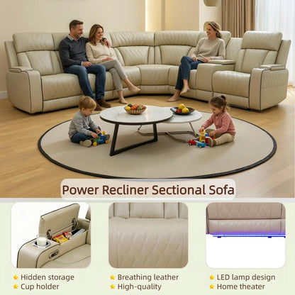 Breathing Leather Reclining Sofa Set,Power Recliner Sectional Couch with LED Light,Modern Living Room Furniture Set,Reclining Sectional Couch Set with USB Port/Storage for Home/Home Theater