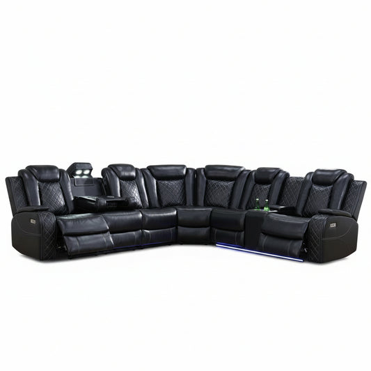 Black Leather Power Reclining Sectional Sofa,Sectional Couch with Recliner,L Shaped Recliner Sofa with LED Light/Read Lamp/Storage Console/Usb Port for Living Room/Home Theater/Apartment