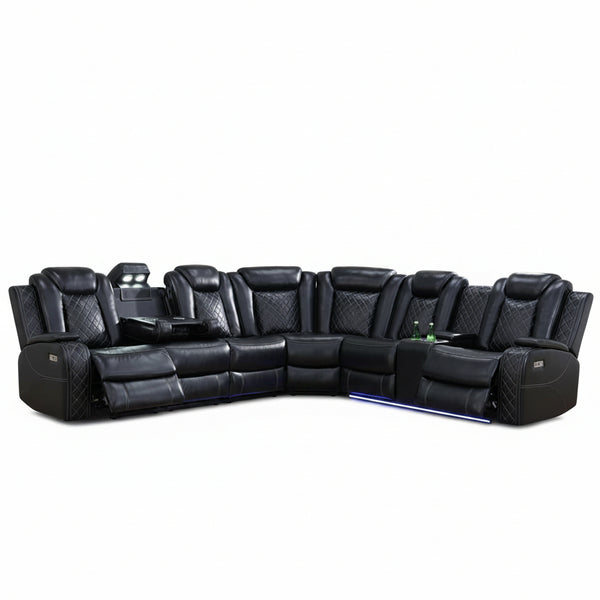 Black Leather Power Reclining Sectional Sofa,Sectional Couch with Recliner,L Shaped Recliner Sofa with LED Light/Read Lamp/Storage Console/Usb Port for Living Room/Home Theater/Apartment