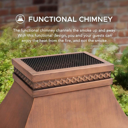 Outdoor Fireplace, Smith Collection Patio Wood Burning Steel Fireplace with Chimney, Spark Screen, Fire Poker, and Removable Grate, Copper with Yellow Tile