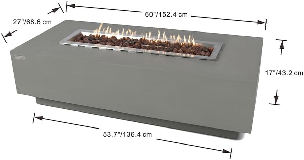 Granville Fire Table Outdoor Fire Pit 60" X 27" Cast Concrete Firepit Includes Lava Rocks 45,000 Btus Outdoor Fireplace for Patio Furniture Set, Deck, Porch, Outdoor Heater - Natural Gas