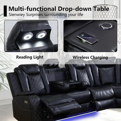 Black Leather Power Reclining Sectional Sofa,Sectional Couch with Recliner,L Shaped Recliner Sofa with LED Light/Read Lamp/Storage Console/Usb Port for Living Room/Home Theater/Apartment