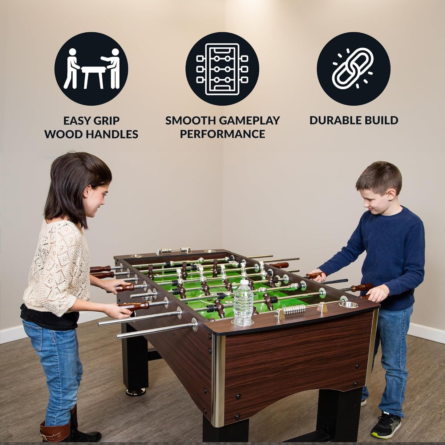Hathaway Primo 56-In Foosball Table for Family Game Room - with Counterbalanced Players, E-Z Spin Bearings, Analog Scoring Units, Easy-Grip Handles & Adjustable Leg Levelers - Wood Grain Finish