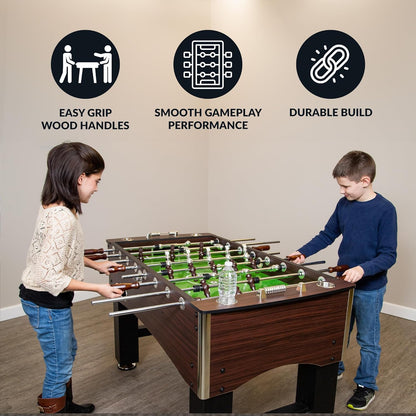 Hathaway Primo 56-In Foosball Table for Family Game Room - with Counterbalanced Players, E-Z Spin Bearings, Analog Scoring Units, Easy-Grip Handles & Adjustable Leg Levelers - Wood Grain Finish