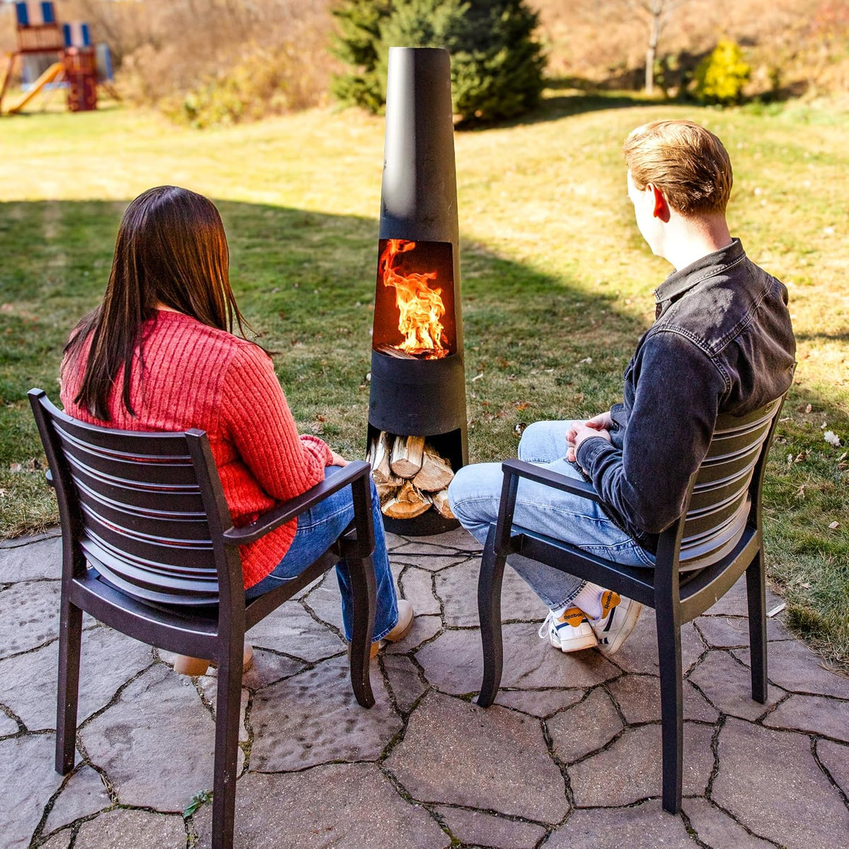 Sunnydaze 59" Large Metal Outdoor Chiminea Fire Pit with Built-In Log Rack