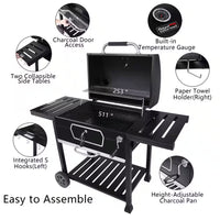 30 In. Charcoal Grill with Cover, BBQ Smoker Picnic Camping Patio Backyard Cooking in Black