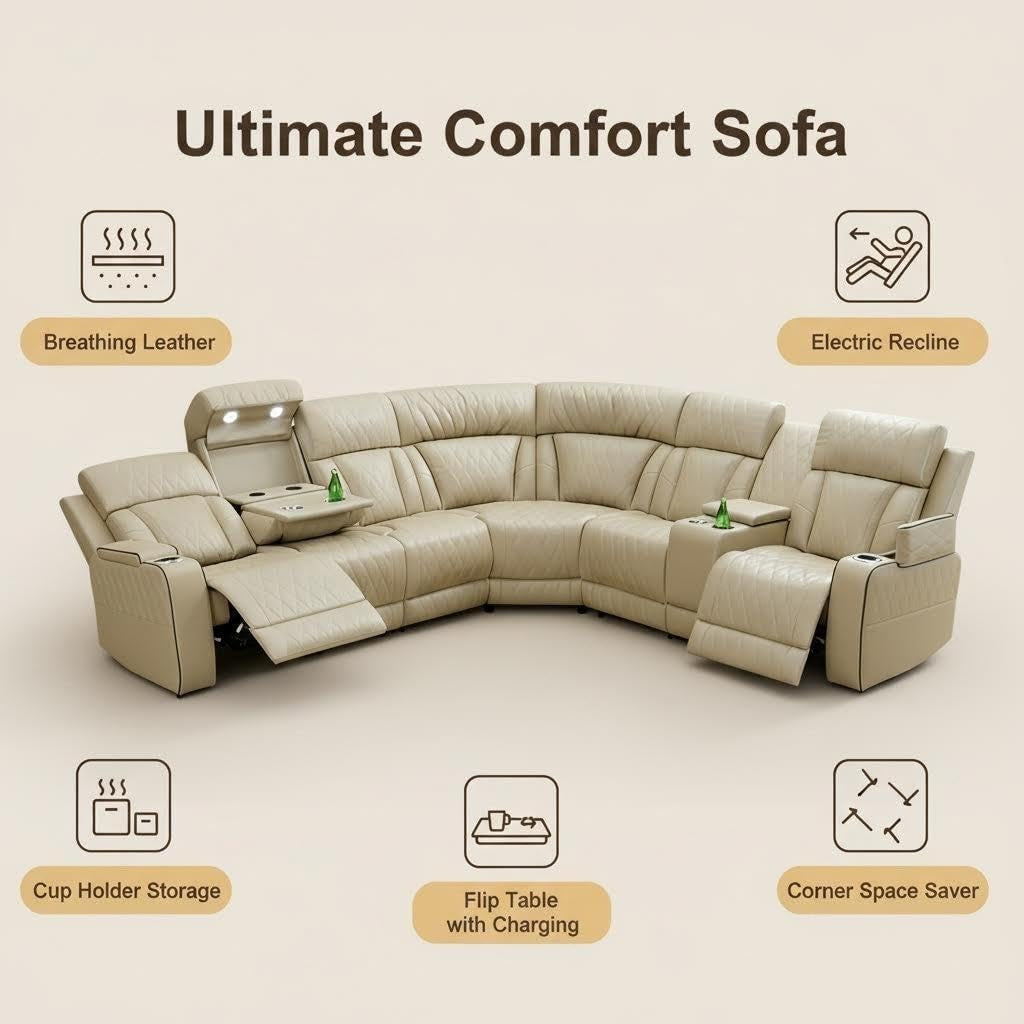 Breathing Leather Reclining Sofa Set,Power Recliner Sectional Couch with LED Light,Modern Living Room Furniture Set,Reclining Sectional Couch Set with USB Port/Storage for Home/Home Theater