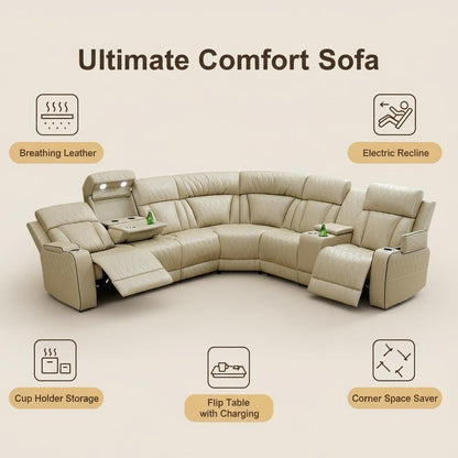 Breathing Leather Reclining Sofa Set,Power Recliner Sectional Couch with LED Light,Modern Living Room Furniture Set,Reclining Sectional Couch Set with USB Port/Storage for Home/Home Theater