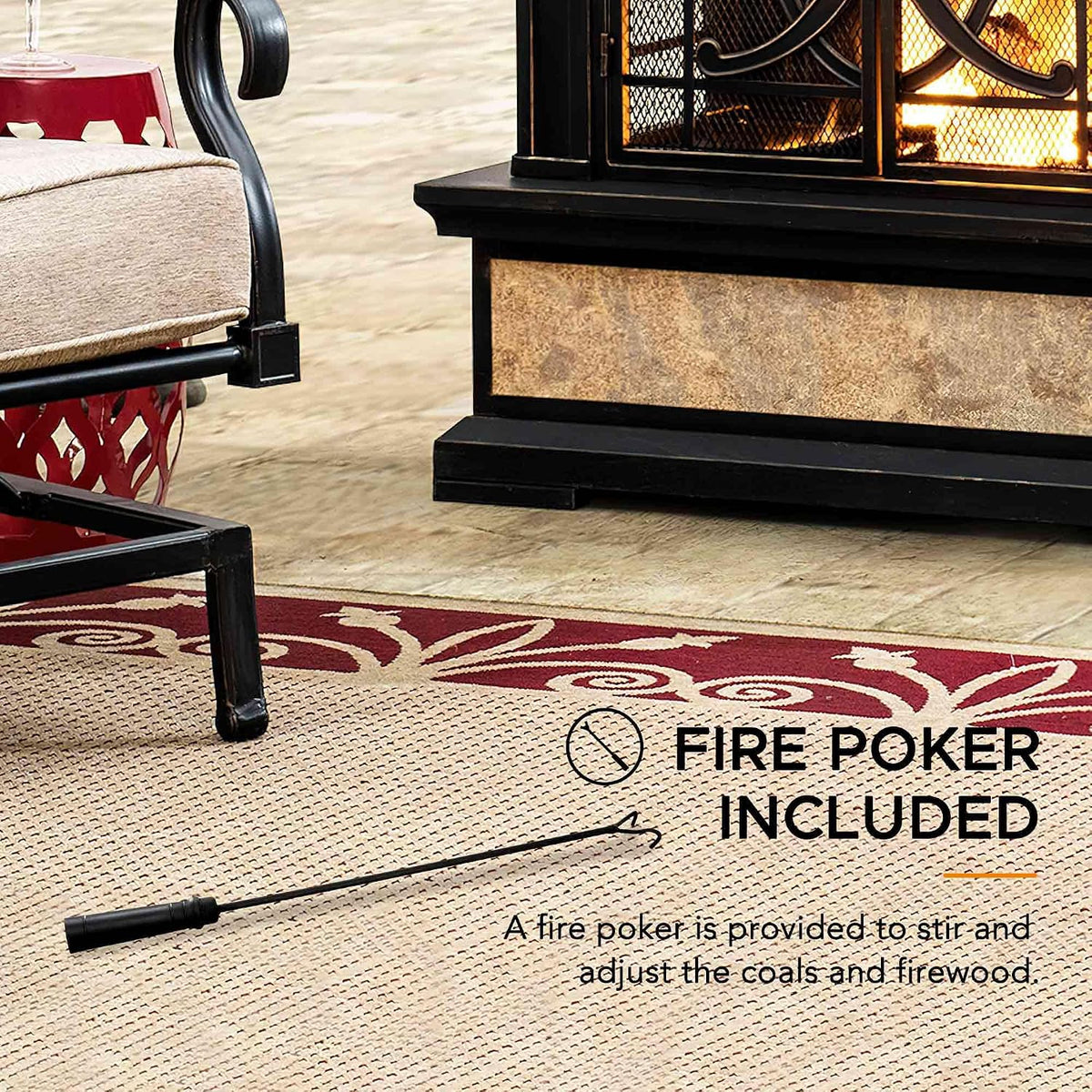 Outdoor Fireplace, Smith Collection Patio Wood Burning Steel Fireplace with Chimney, Spark Screen, Fire Poker, and Removable Grate, Copper with Yellow Tile