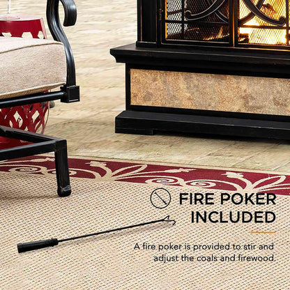 Outdoor Fireplace, Smith Collection Patio Wood Burning Steel Fireplace with Chimney, Spark Screen, Fire Poker, and Removable Grate, Copper with Yellow Tile