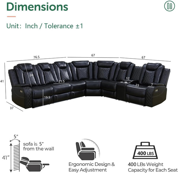Black Leather Power Reclining Sectional Sofa,Sectional Couch with Recliner,L Shaped Recliner Sofa with LED Light/Read Lamp/Storage Console/Usb Port for Living Room/Home Theater/Apartment