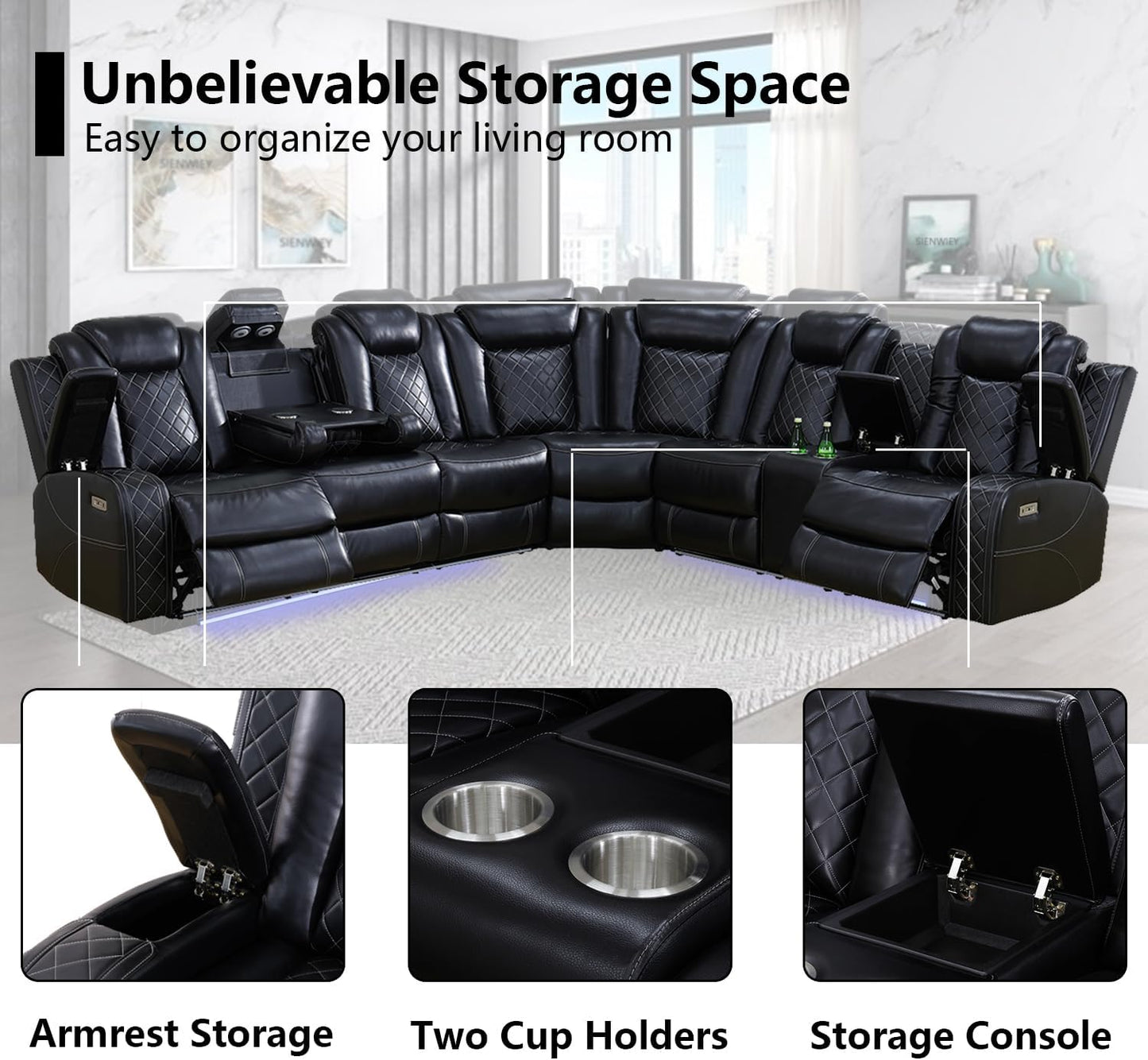 Black Leather Power Reclining Sectional Sofa,Sectional Couch with Recliner,L Shaped Recliner Sofa with LED Light/Read Lamp/Storage Console/Usb Port for Living Room/Home Theater/Apartment