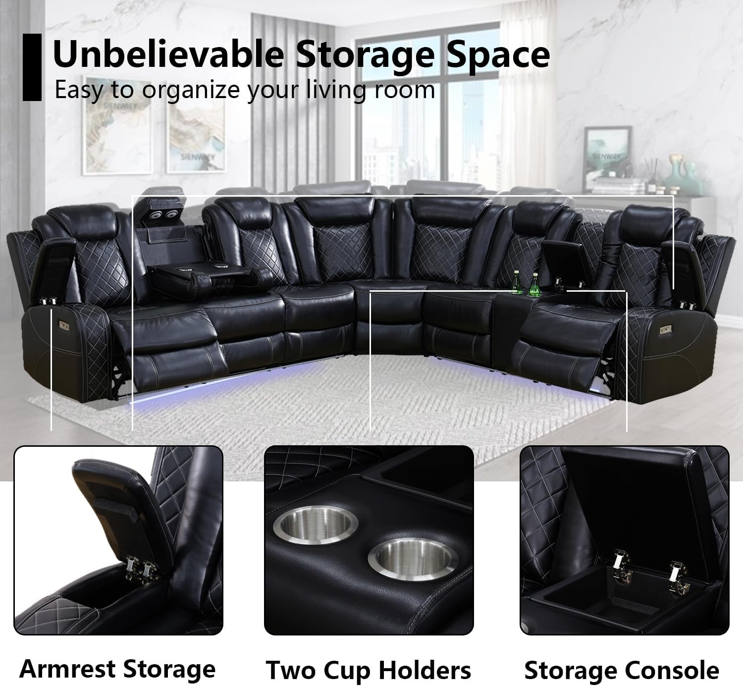 Black Leather Power Reclining Sectional Sofa,Sectional Couch with Recliner,L Shaped Recliner Sofa with LED Light/Read Lamp/Storage Console/Usb Port for Living Room/Home Theater/Apartment