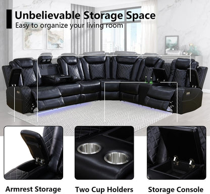 Black Leather Power Reclining Sectional Sofa,Sectional Couch with Recliner,L Shaped Recliner Sofa with LED Light/Read Lamp/Storage Console/Usb Port for Living Room/Home Theater/Apartment