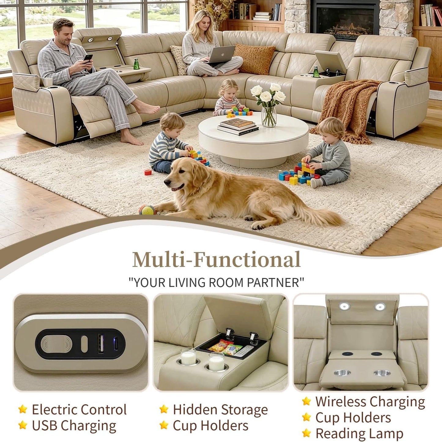 Breathing Leather Reclining Sofa Set,Power Recliner Sectional Couch with LED Light,Modern Living Room Furniture Set,Reclining Sectional Couch Set with USB Port/Storage for Home/Home Theater
