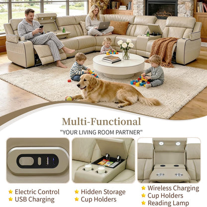 Breathing Leather Reclining Sofa Set,Power Recliner Sectional Couch with LED Light,Modern Living Room Furniture Set,Reclining Sectional Couch Set with USB Port/Storage for Home/Home Theater