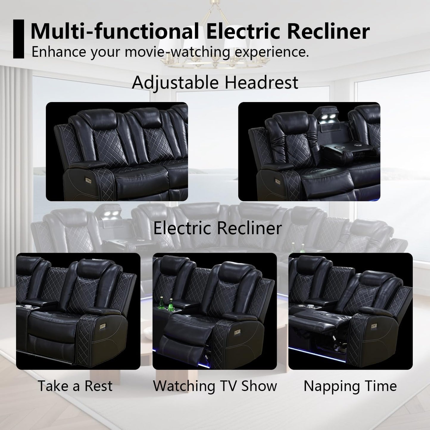 Black Leather Power Reclining Sectional Sofa,Sectional Couch with Recliner,L Shaped Recliner Sofa with LED Light/Read Lamp/Storage Console/Usb Port for Living Room/Home Theater/Apartment