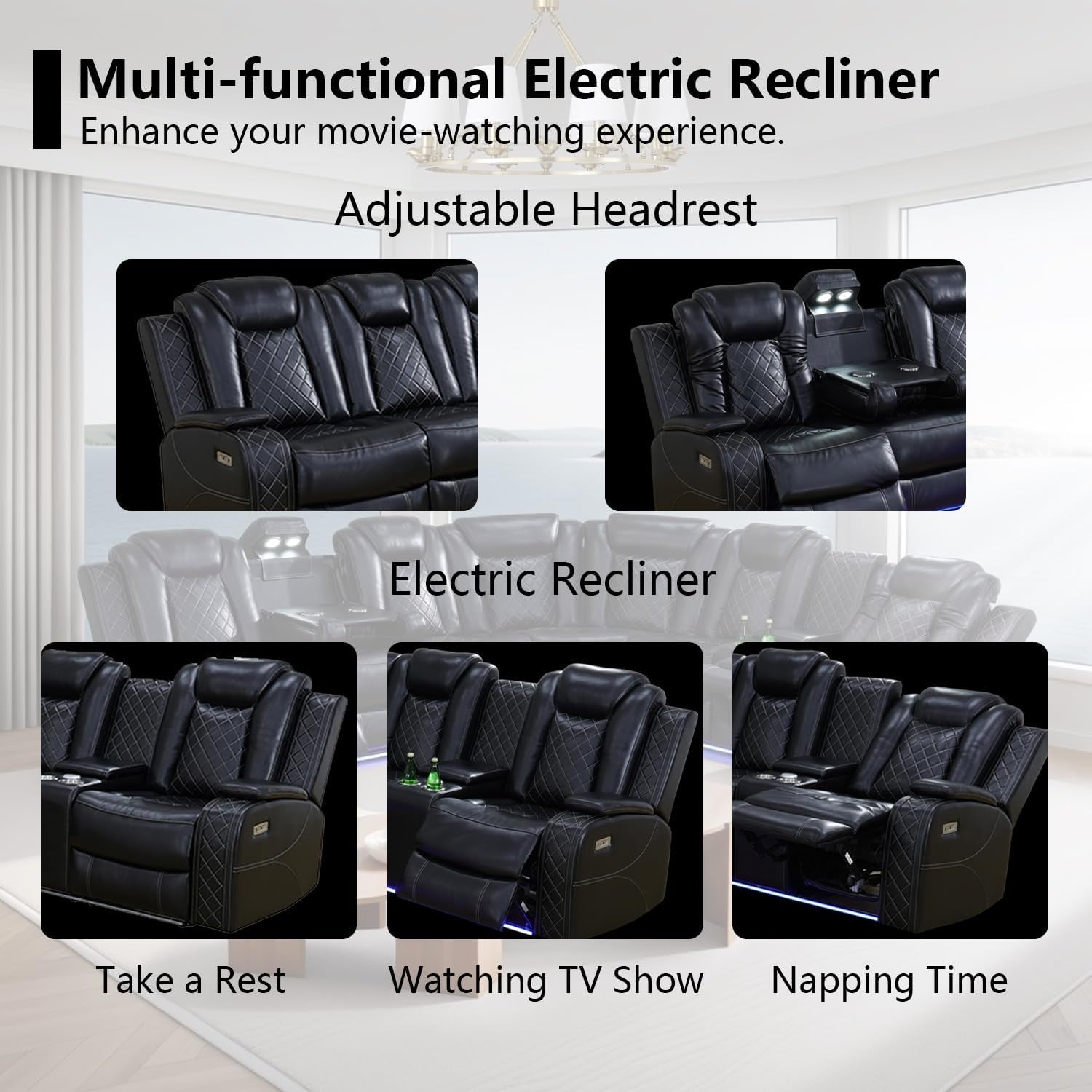 Black Leather Power Reclining Sectional Sofa,Sectional Couch with Recliner,L Shaped Recliner Sofa with LED Light/Read Lamp/Storage Console/Usb Port for Living Room/Home Theater/Apartment