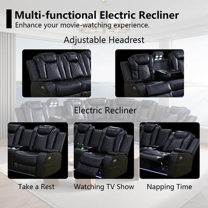 Black Leather Power Reclining Sectional Sofa,Sectional Couch with Recliner,L Shaped Recliner Sofa with LED Light/Read Lamp/Storage Console/Usb Port for Living Room/Home Theater/Apartment