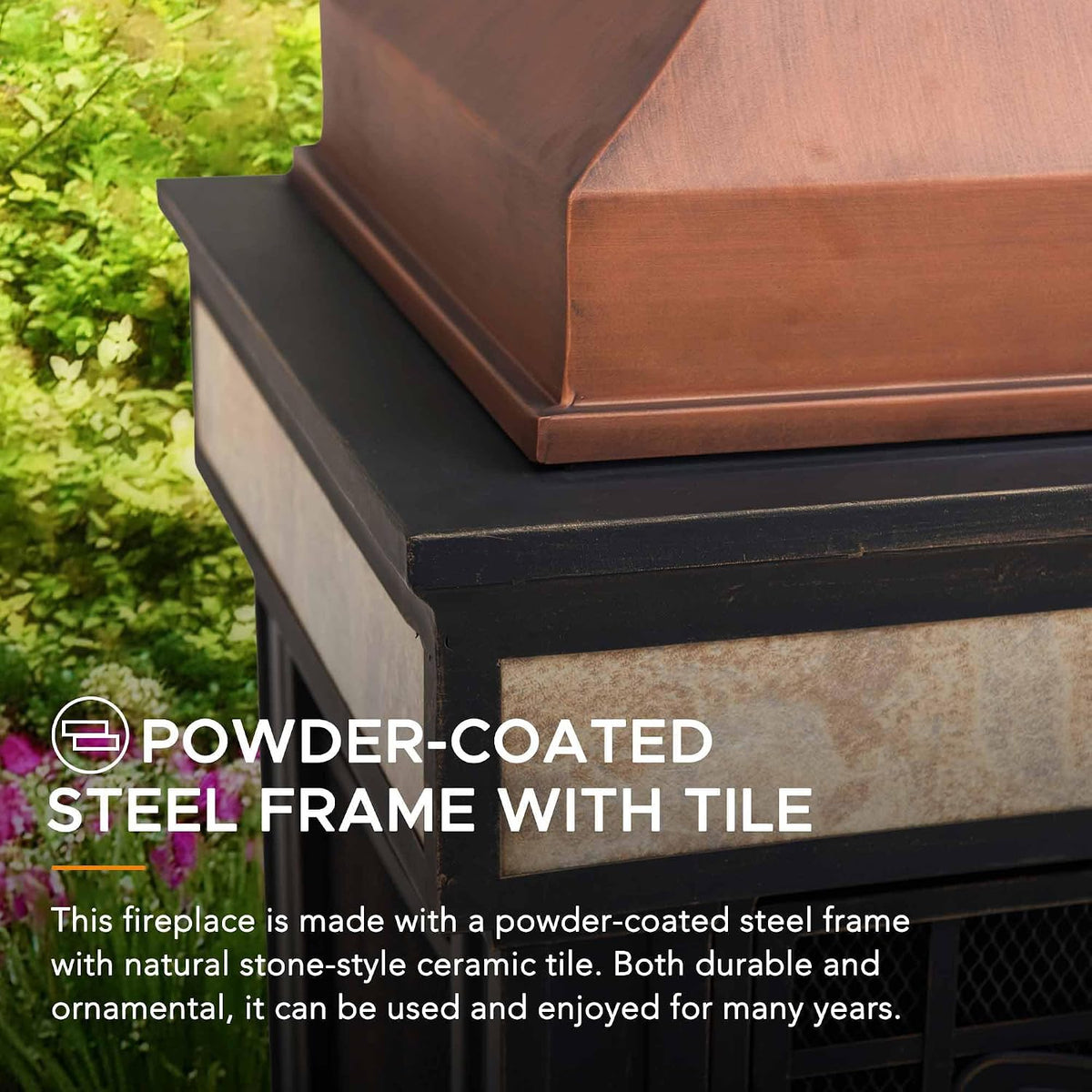Outdoor Fireplace, Smith Collection Patio Wood Burning Steel Fireplace with Chimney, Spark Screen, Fire Poker, and Removable Grate, Copper with Yellow Tile