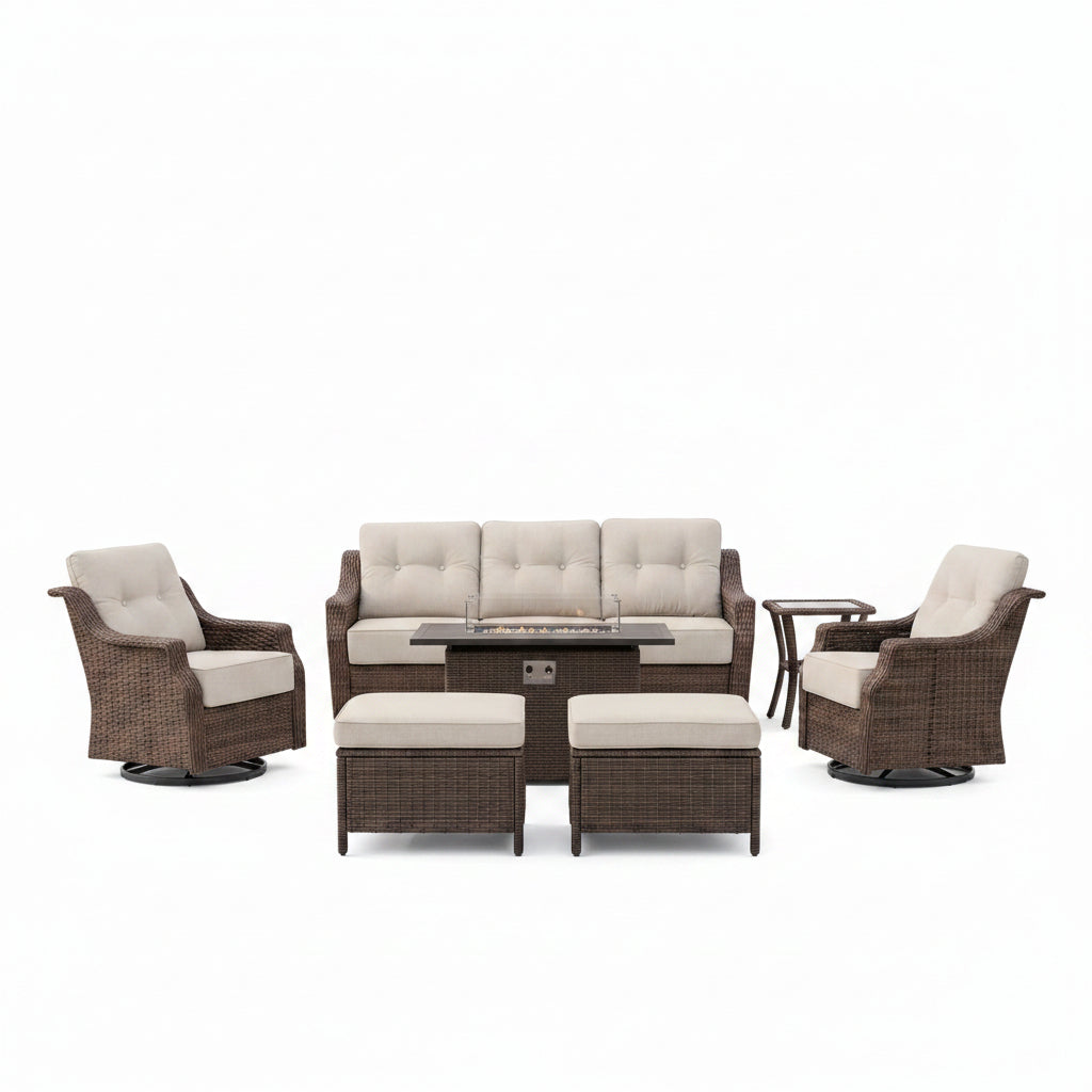 Luxurious 7 Piece Patio Furniture Set with Fire Pit Table, High Back Wicker Swivel Rocker Glider Outdoor Chairs with 6" Cushion, All-Weather Patio Conversation Set for Yard Garden - Brown/Beige