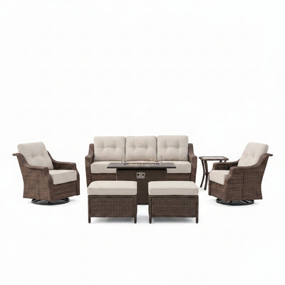 Luxurious 7 Piece Patio Furniture Set with Fire Pit Table, High Back Wicker Swivel Rocker Glider Outdoor Chairs with 6" Cushion, All-Weather Patio Conversation Set for Yard Garden - Brown/Beige