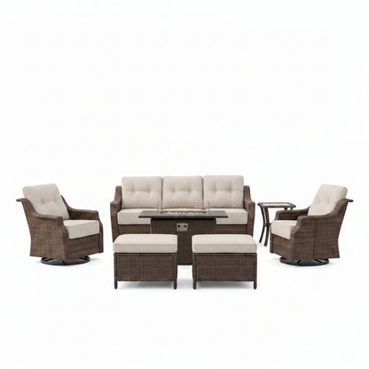 Luxurious 7 Piece Patio Furniture Set with Fire Pit Table, High Back Wicker Swivel Rocker Glider Outdoor Chairs with 6" Cushion, All-Weather Patio Conversation Set for Yard Garden - Brown/Beige
