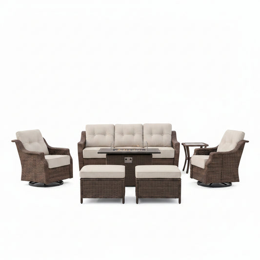 Luxurious 7 Piece Patio Furniture Set with Fire Pit Table, High Back Wicker Swivel Rocker Glider Outdoor Chairs with 6" Cushion, All-Weather Patio Conversation Set for Yard Garden - Brown/Beige