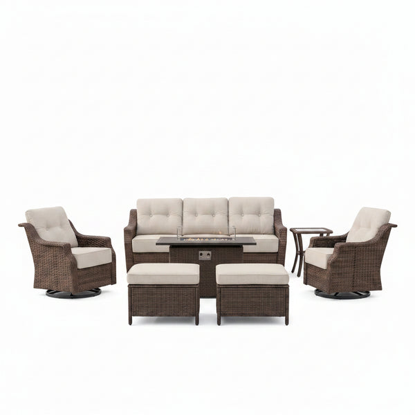 Luxurious 7 Piece Patio Furniture Set with Fire Pit Table, High Back Wicker Swivel Rocker Glider Outdoor Chairs with 6" Cushion, All-Weather Patio Conversation Set for Yard Garden - Brown/Beige