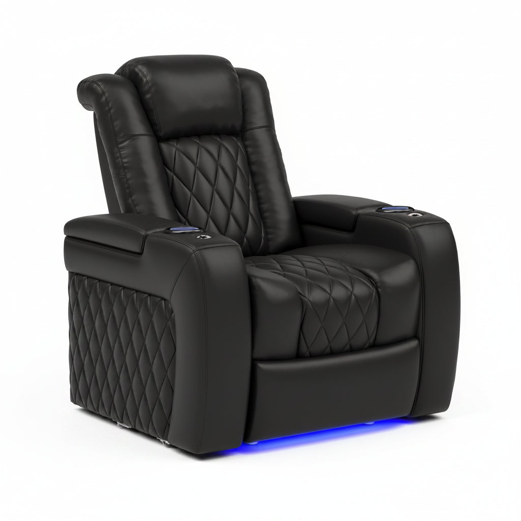 Valencia Tuscany Home Theater Seat - Nappa Leather Power Recliner with Cool Gel Memory Foam, USB-C/A Charging, RGB LED Lights, Adjustable Lumbar & Headrest (Single Recliner,Black)