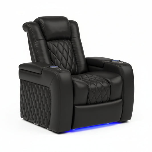 Valencia Tuscany Home Theater Seat - Nappa Leather Power Recliner with Cool Gel Memory Foam, USB-C/A Charging, RGB LED Lights, Adjustable Lumbar & Headrest (Single Recliner,Black)