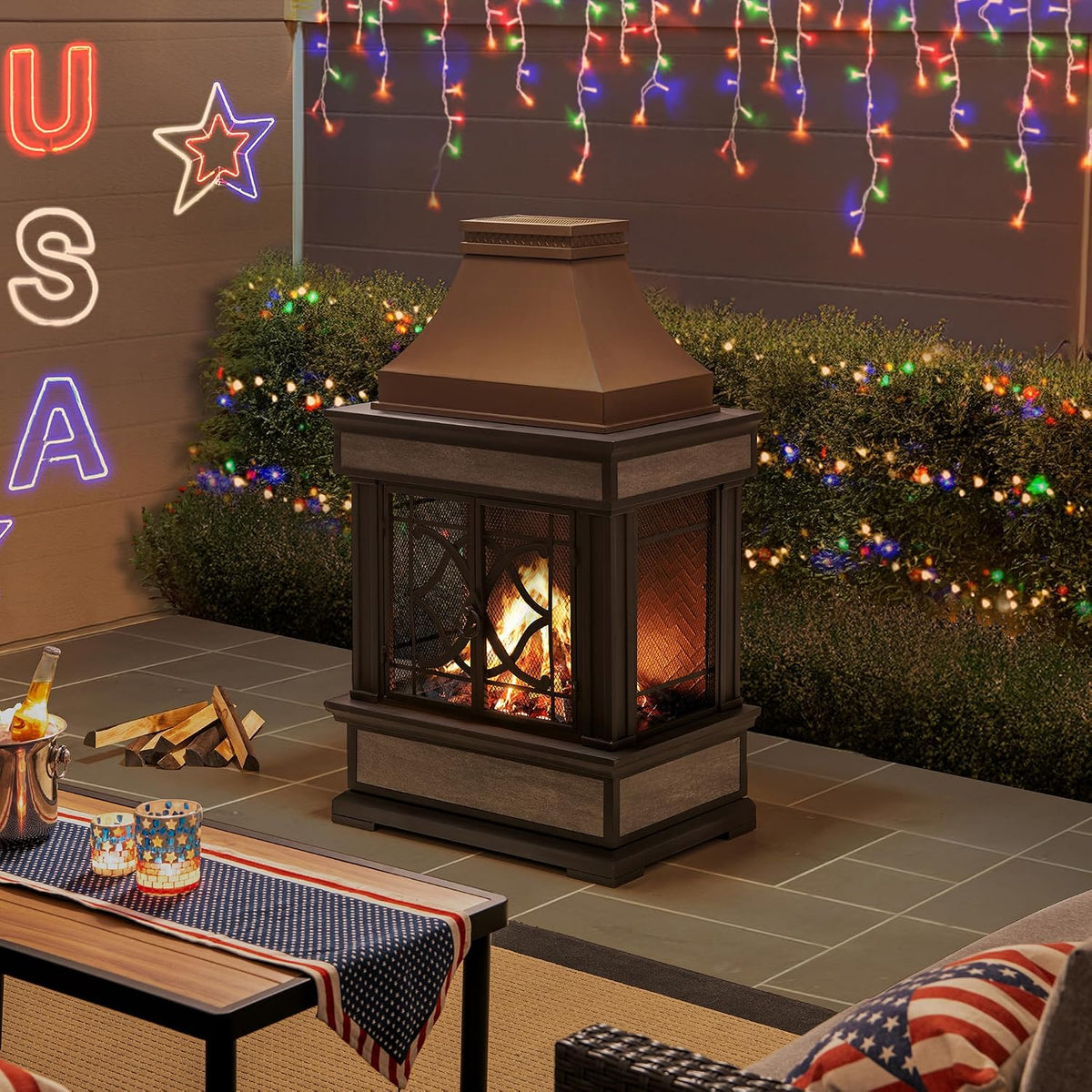 Outdoor Fireplace, Smith Collection Patio Wood Burning Steel Fireplace with Chimney, Spark Screen, Fire Poker, and Removable Grate, Copper with Yellow Tile