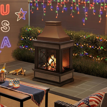Outdoor Fireplace, Smith Collection Patio Wood Burning Steel Fireplace with Chimney, Spark Screen, Fire Poker, and Removable Grate, Copper with Yellow Tile
