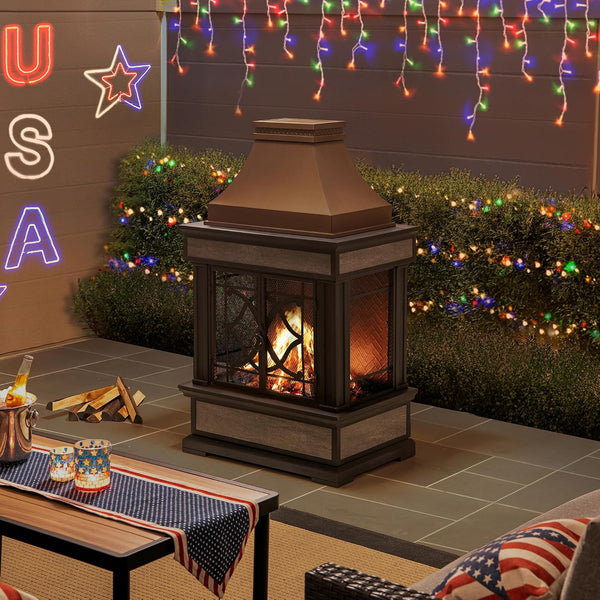 Outdoor Fireplace, Smith Collection Patio Wood Burning Steel Fireplace with Chimney, Spark Screen, Fire Poker, and Removable Grate, Copper with Yellow Tile